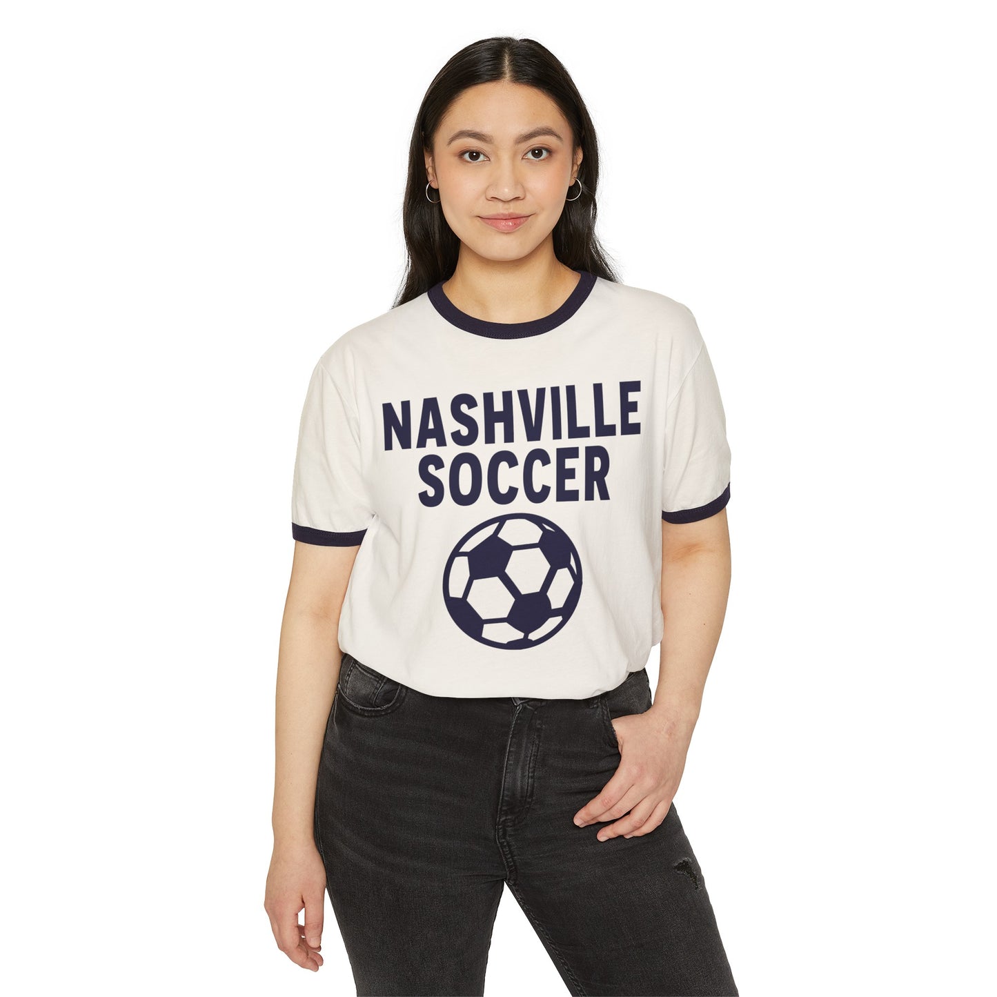 Nashville Soccer Solo Navy Ringer Unisex Cotton Ringer T-Shirt