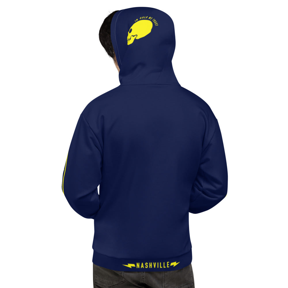 Skull In Gold We Trust Profile Hoodie Navy with arm Bolt Pattern